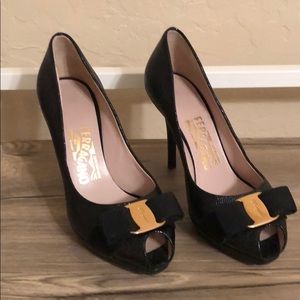 Black peep toe Salvatore Ferragamo shoes